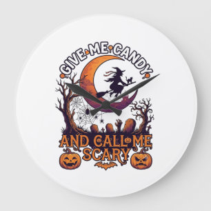Give Me Candy Call Scary Witch Moon Pumpkins Large Clock