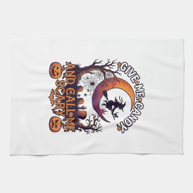 Give Me Candy Call Scary Witch Moon Pumpkins Tea Towel (Horizontal)