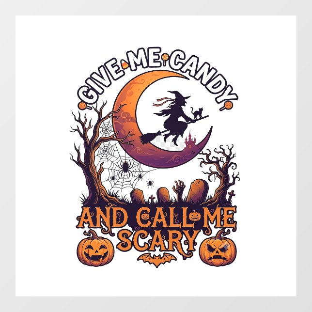 Give Me Candy Call Scary Witch Moon Pumpkins Window Cling (Sheet)