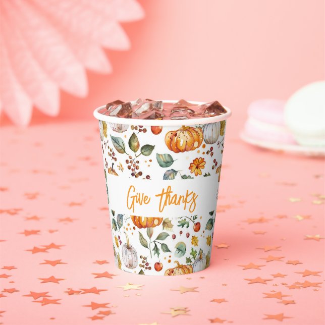 GIVE THANKS Autumn Fall Pumpkins & Leaves Holiday Paper Cups (Insitu)