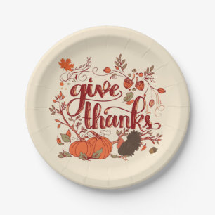 Give Thanks Autumn Harvest, Turkey Thanksgiving   Paper Plate