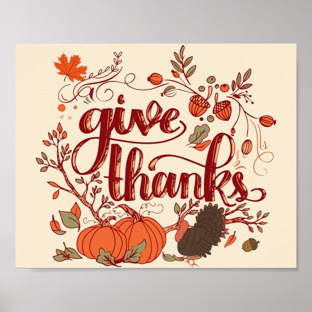 Give Thanks Autumn Harvest, Turkey Thanksgiving  Poster (Front)