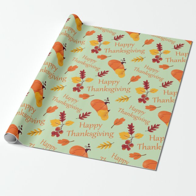 Give Thanks Autumn Pumpkins & Fall Leaves Seamless Wrapping Paper (Unrolled)