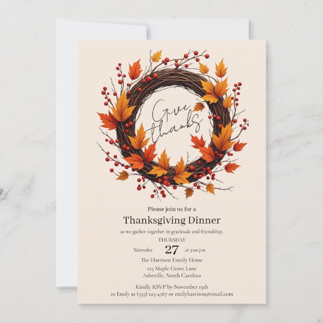 Give Thanks Autumn Wreath Thanksgiving Invitation  (Front)