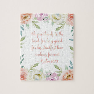 Give Thanks Bible Verse Girly Watercolor Floral Jigsaw Puzzle