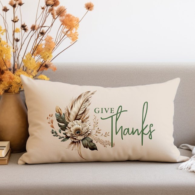 Give Thanks Boho Fall Floral Thanksgiving Lumbar Cushion (Creator Uploaded)