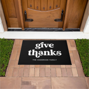 Give Thanks   Boho Retro Thanksgiving Black Doormat