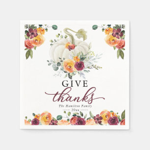 Give Thanks Burgundy Floral Pumpkin Thanksgiving Napkin