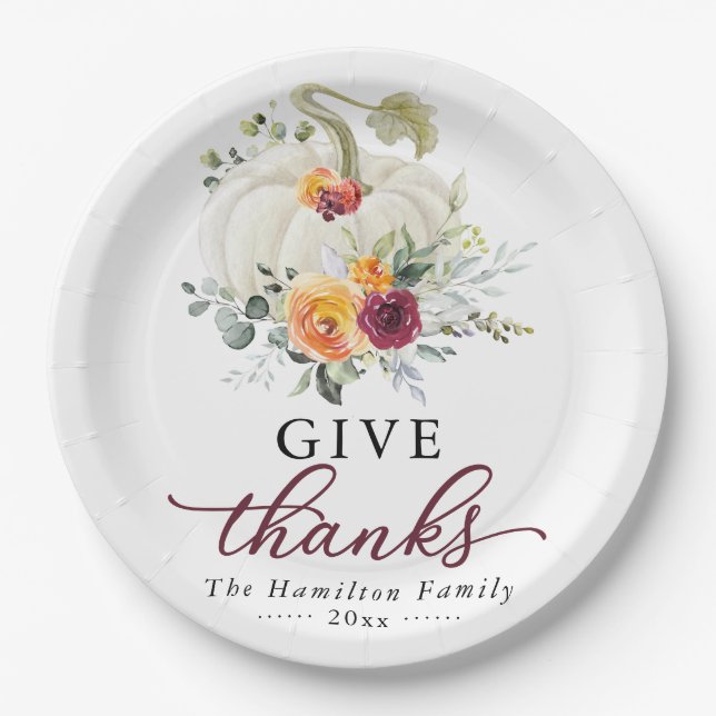 Give Thanks Burgundy Floral Pumpkin Thanksgiving Paper Plate (Front)