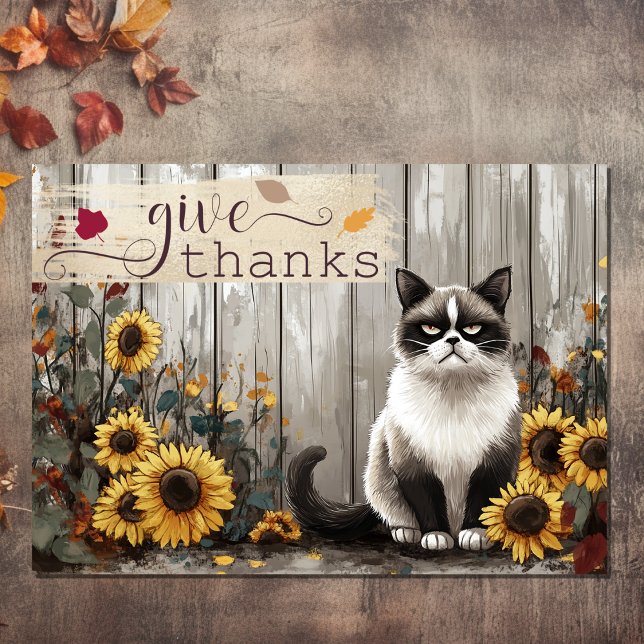 Give Thanks Cat and Sunflowers Funny Thanksgiving Holiday Card (Front - Give Thanks Cat and Sunflowers Funny Thanksgiving Holiday Card)
