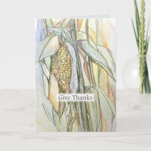 Give Thanks Cornstalk Autumn Happy Thanksgiving Card (Front)