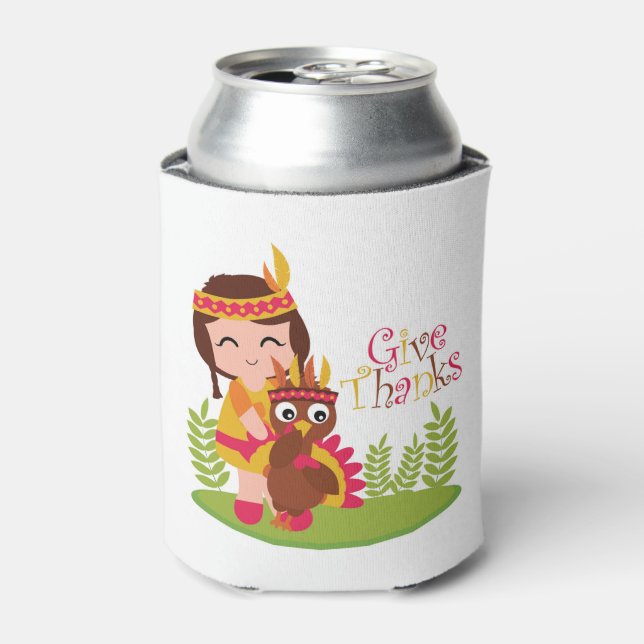 Give Thanks Cute Tribal Girl Thanksgiving Turkey Can Cooler (Can Front)