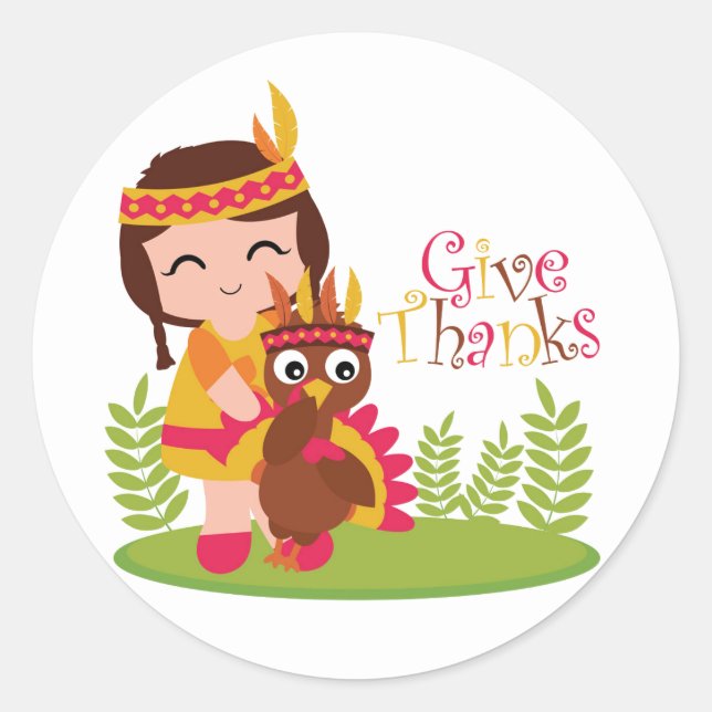 Give Thanks Cute Tribal Girl Thanksgiving Turkey Classic Round Sticker (Front)