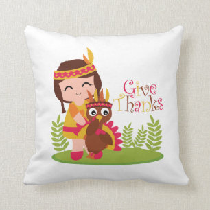 Give Thanks Cute Tribal Girl Thanksgiving Turkey Cushion