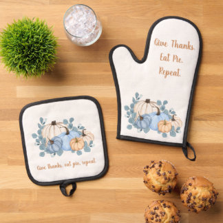 Give Thanks Eat Pie Repeat Autumn Pumpkins Oven Mitt & Pot Holder Set