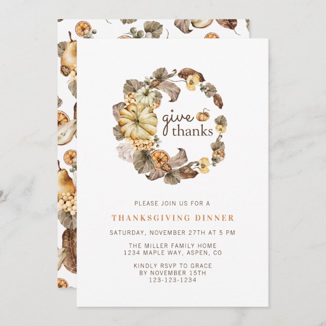 Give Thanks Elegant Watercolor Thanksgiving Dinner Invitation (Front/Back)