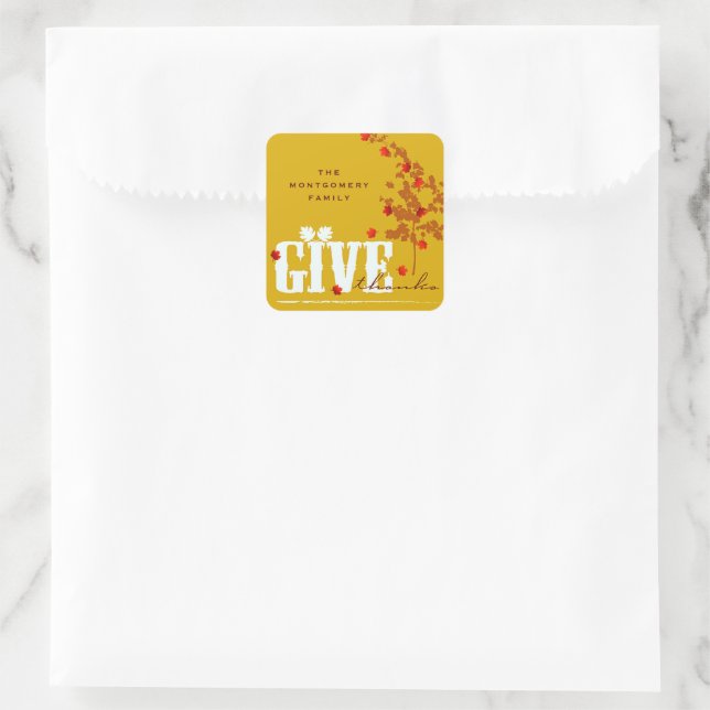 Give Thanks Fall Autumn Maple Leaves Thanksgiving Square Sticker (Bag)