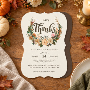Give Thanks Fall Floral Wreath Thanksgiving Dinner Invitation