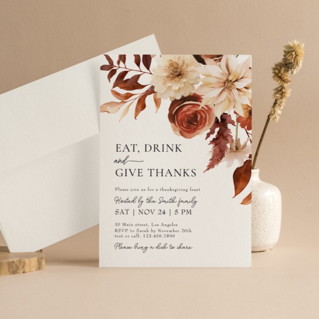 Give Thanks Fall Florals Thanksgiving Dinner  Invitation (Creator Uploaded)