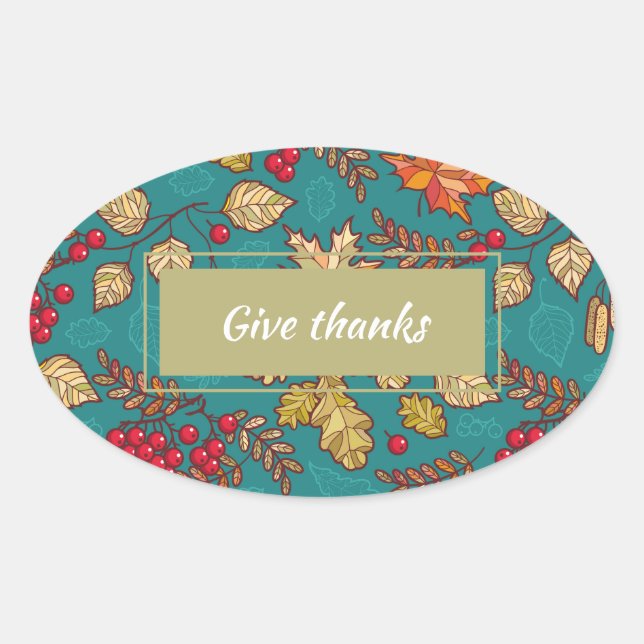 Give Thanks Fall Leaves Pattern Thanksgiving Oval Sticker (Front)