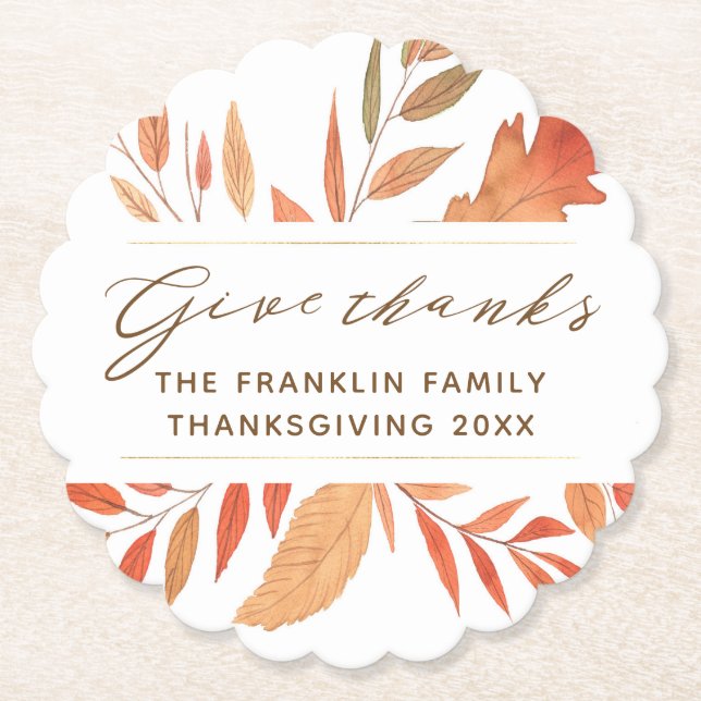 Give Thanks Fall Leaves Rustic Thanksgiving Paper Coaster (Front)