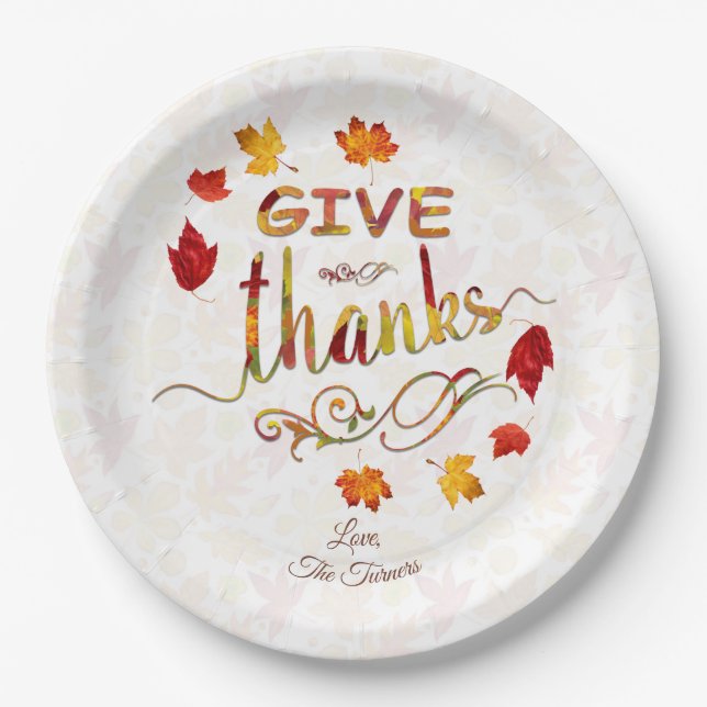 Give Thanks Fall Leaves Thanksgiving Monogram Paper Plate (Front)