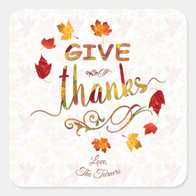 Give Thanks Fall Leaves Thanksgiving Monogram Square Sticker (Front)