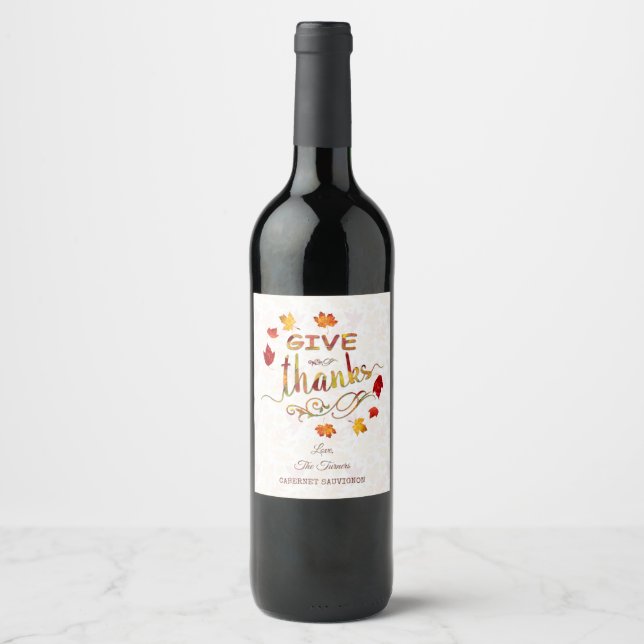 Give Thanks Fall Leaves Thanksgiving Monogram Wine Label (Front)