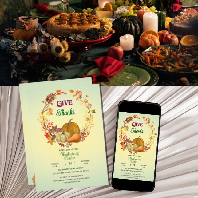 Give Thanks Fall Leaves Wreath Thanksgiving Dinner Invitation (Creator Uploaded)