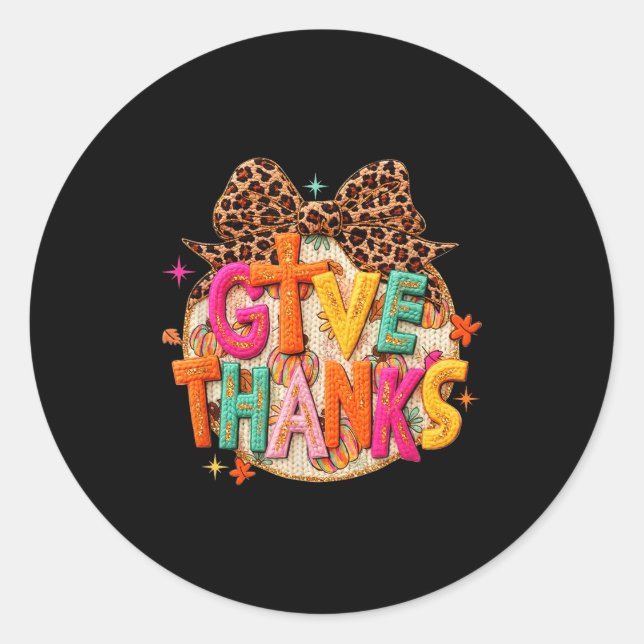 Give Thanks, Fall Leopard Coquette Bow, Preppy Tha Classic Round Sticker (Front)