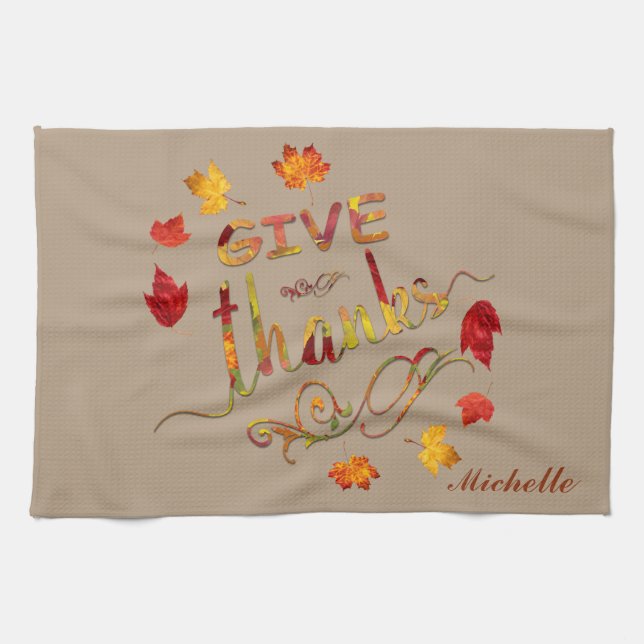 Give Thanks Fall Rustic Thanksgiving Monogram Tea Towel (Horizontal)