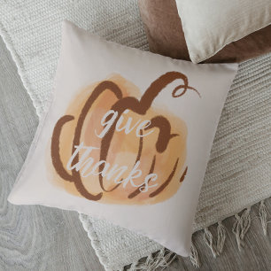 Give Thanks Fall Watercolor Pumpkin Throw Pillow