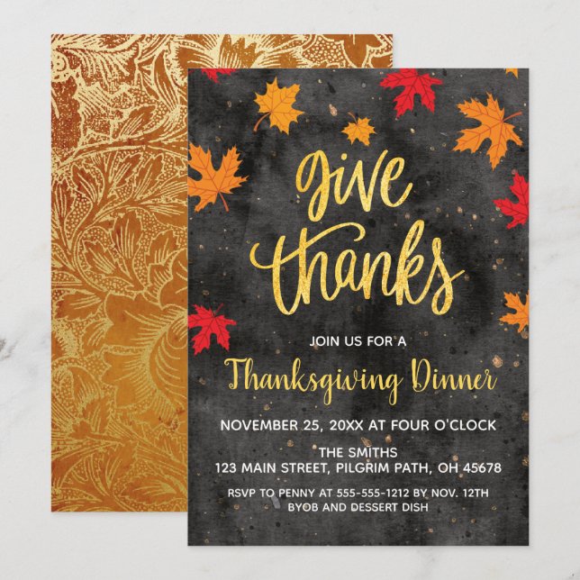 Give Thanks, Falling Leaves Thanksgiving Invite (Front/Back)