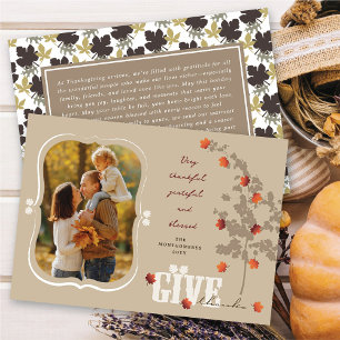 Give Thanks Falling Leaves Tree Thanksgiving Photo Holiday Card