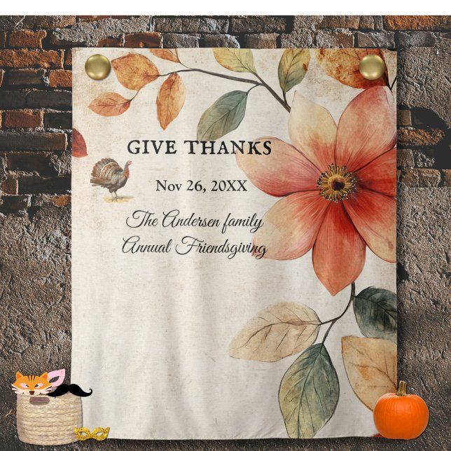 Give Thanks Floral Friendsgiving Picture Backdrop Tapestry (Creator Uploaded)