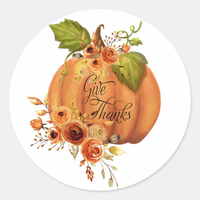 Give Thanks floral pumpkin Classic Round Sticker (Front)
