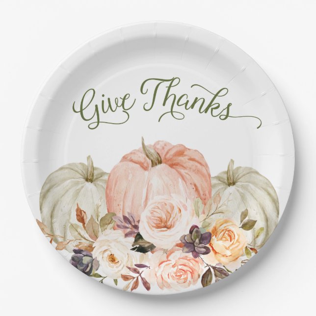 Give Thanks Floral Pumpkin Paper Plates (Front)