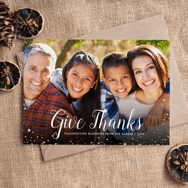 Give Thanks | Glitz Faux Glitter Photo Overlay Holiday Card (Creator Uploaded)