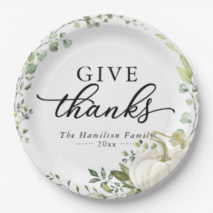 Give Thanks Greenery Pumpkin Thanksgiving Dinner Paper Plate