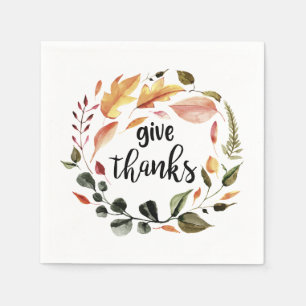 Give Thanks Hand Lettering Fall Leaves Wreath chic Napkin