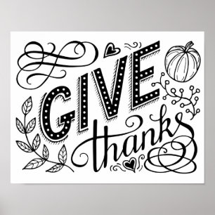 Give thanks hand lettering quote. Thanksgiving Poster