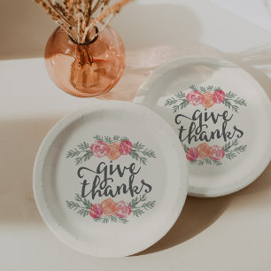 Give Thanks   Ivory Floral Watercolor Thanksgiving Paper Plate