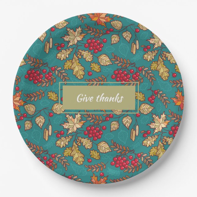 Give Thanks Leaves Pattern Country Thanksgiving Paper Plate (Front)