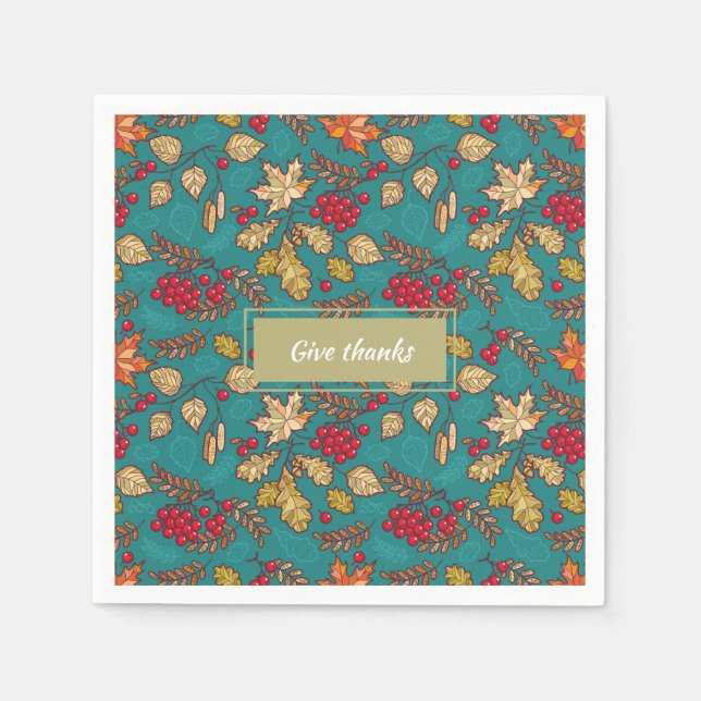 Give Thanks Leaves Pattern on Blue Thanksgiving Napkin (Front)