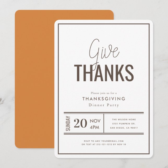 Give Thanks Minimalist Modern Thanksgiving Dinner Invitation (Front/Back)