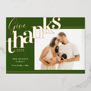 Give Thanks Modern Green Foil Holiday Card