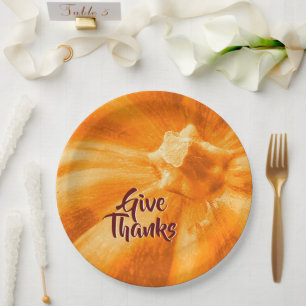 Give Thanks Orange Pumpkin Thanksgiving Holiday Paper Plate