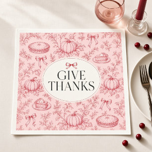 Give Thanks Pink Bow Toile Thanksgiving Cocktail Napkin
