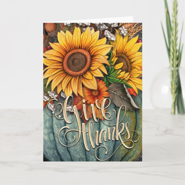 Give Thanks Pumpkin and Sunflowers Card (Front)