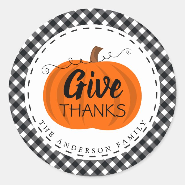 Give Thanks | Pumpkin Buffalo Plaid Thanksgiving  Classic Round Sticker (Front)